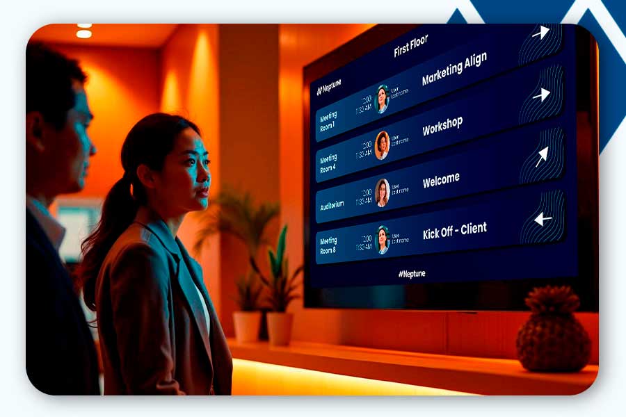 A woman checking out the location of her meeting via the Event displays, which show all the events taking place throughout the day in real time.